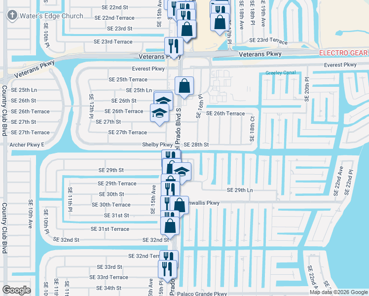 map of restaurants, bars, coffee shops, grocery stores, and more near 1613 Southeast 28th Terrace in Cape Coral
