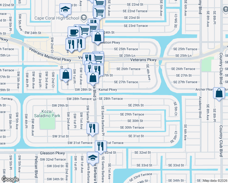 map of restaurants, bars, coffee shops, grocery stores, and more near 140 Kamal Parkway in Cape Coral