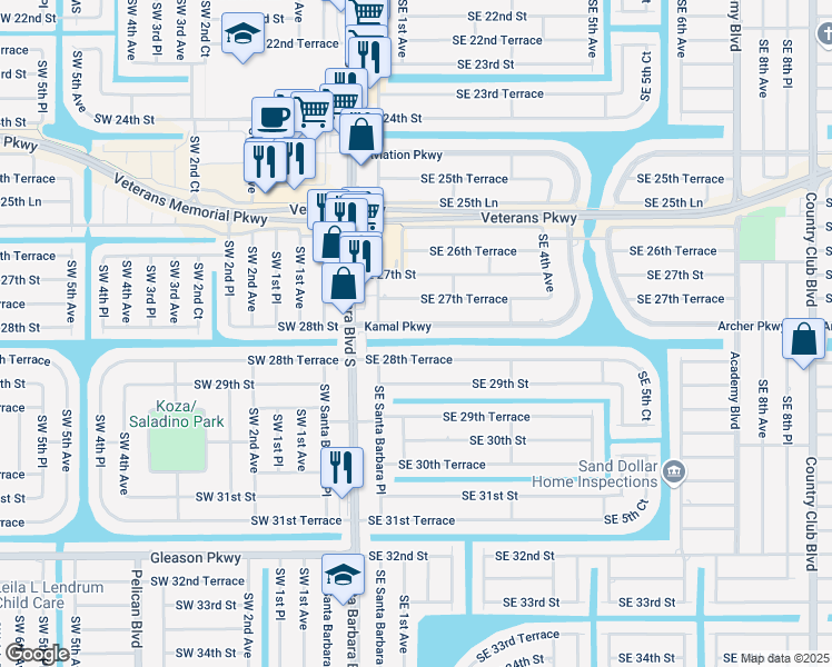 map of restaurants, bars, coffee shops, grocery stores, and more near 133 Southeast 28th Terrace in Cape Coral