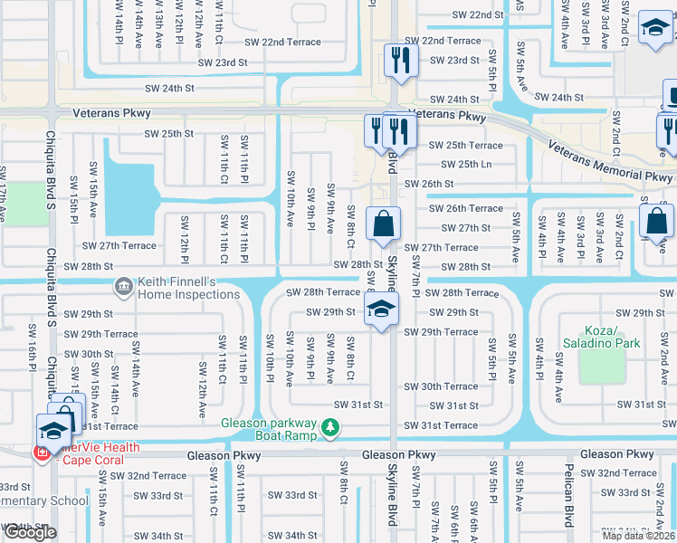 map of restaurants, bars, coffee shops, grocery stores, and more near 827 Southwest 28th Terrace in Cape Coral