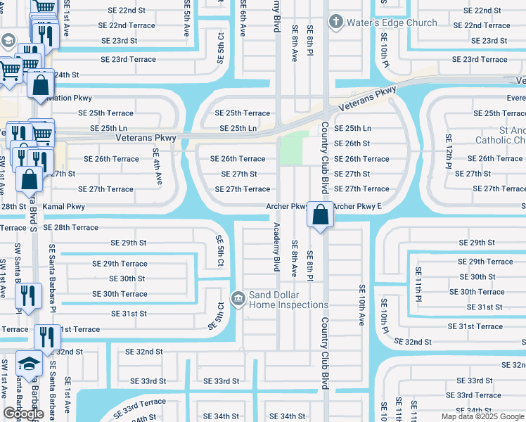 map of restaurants, bars, coffee shops, grocery stores, and more near 621 Southeast 28th Terrace in Cape Coral