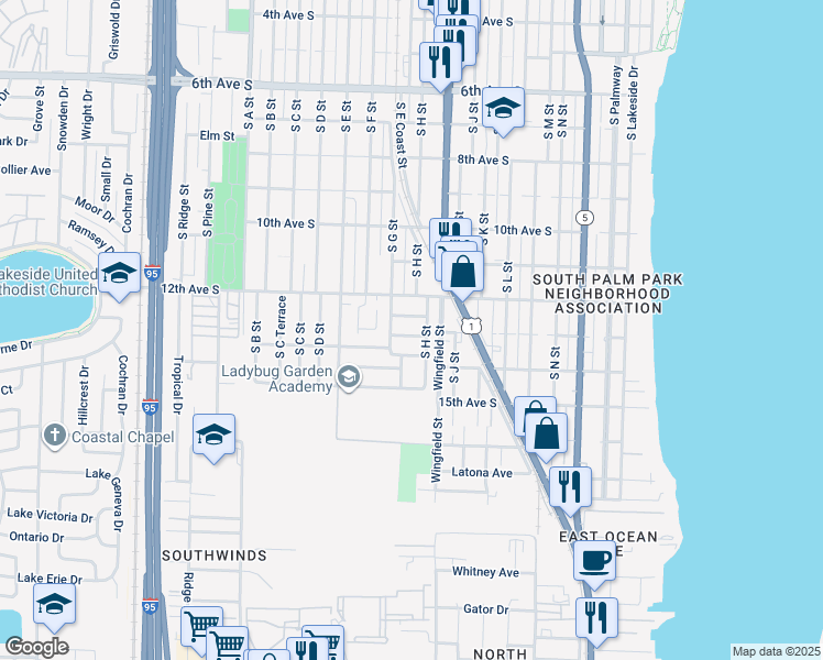 map of restaurants, bars, coffee shops, grocery stores, and more near 1006 14th Avenue South in Lake Worth