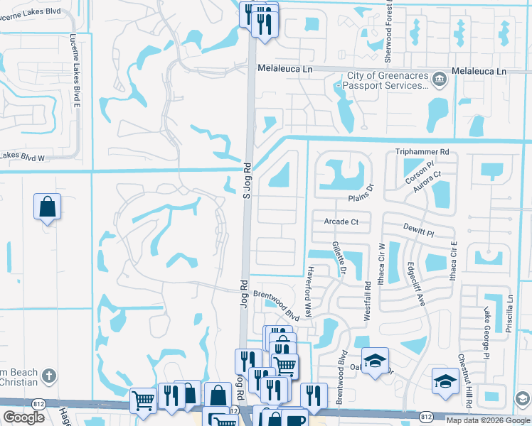 map of restaurants, bars, coffee shops, grocery stores, and more near 5305 Woodstone Circle South in Lake Worth