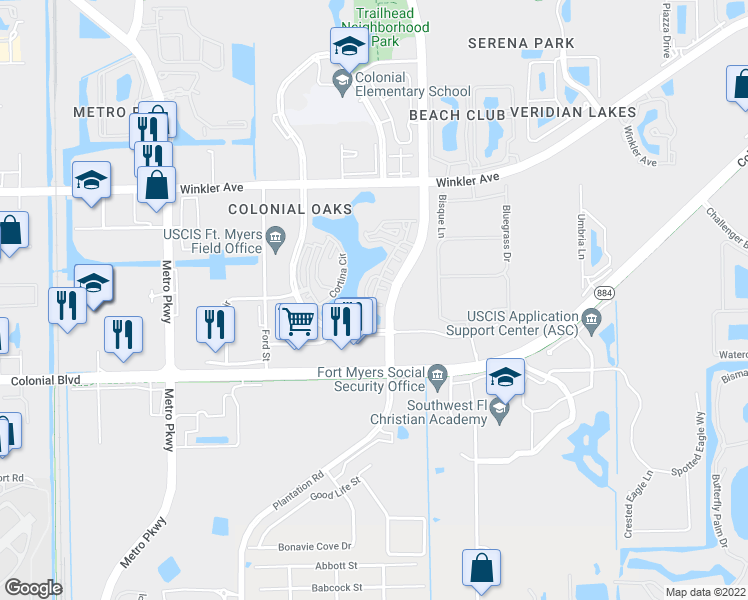 map of restaurants, bars, coffee shops, grocery stores, and more near 4233 Bellasol Circle in Fort Myers