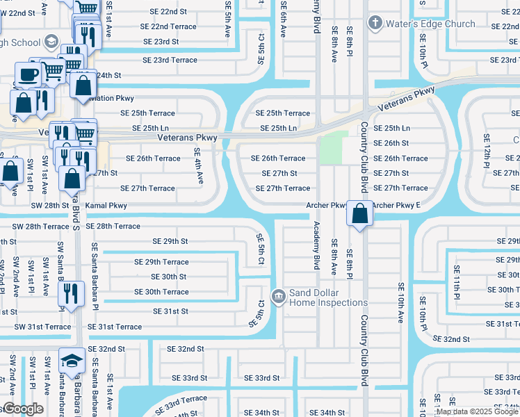 map of restaurants, bars, coffee shops, grocery stores, and more near 509 Archer Parkway West in Cape Coral