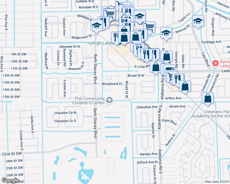 map of restaurants, bars, coffee shops, grocery stores, and more near 1301 Woodward Court in Lehigh Acres