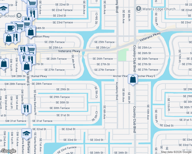 map of restaurants, bars, coffee shops, grocery stores, and more near 516 Archer Parkway West in Cape Coral