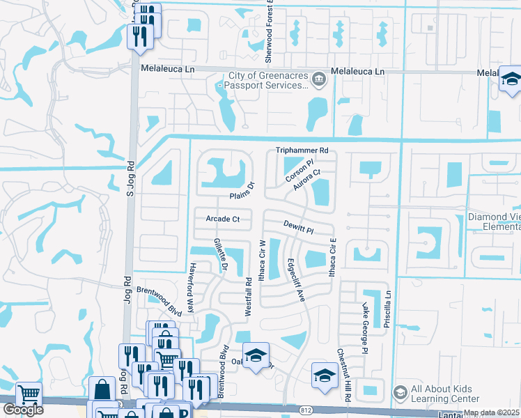 map of restaurants, bars, coffee shops, grocery stores, and more near 5968 Ithaca Circle West in Lake Worth