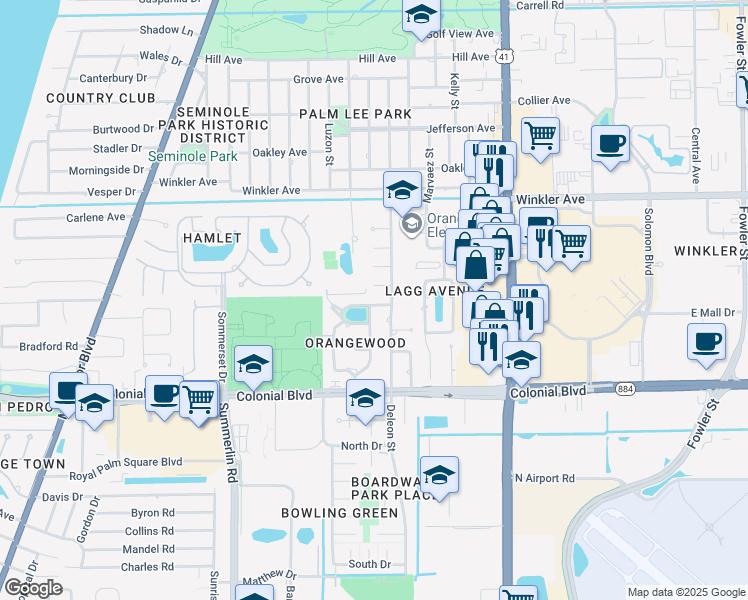 map of restaurants, bars, coffee shops, grocery stores, and more near 1661 Carter Place in Fort Myers