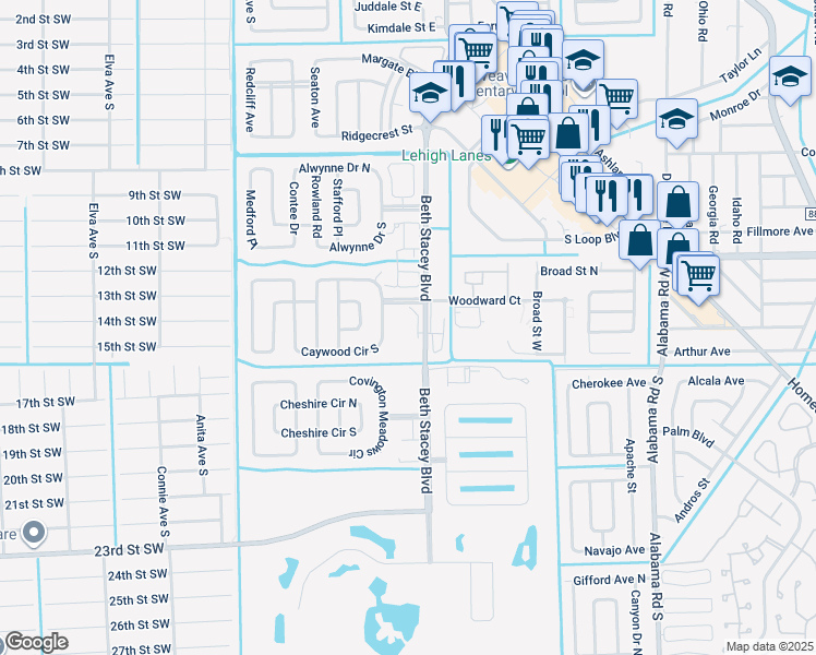 map of restaurants, bars, coffee shops, grocery stores, and more near C Eustis Avenue in Lehigh Acres