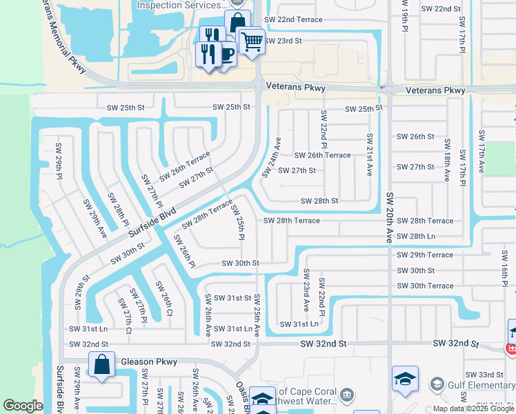 map of restaurants, bars, coffee shops, grocery stores, and more near 2819 Southwest 25th Avenue in Cape Coral
