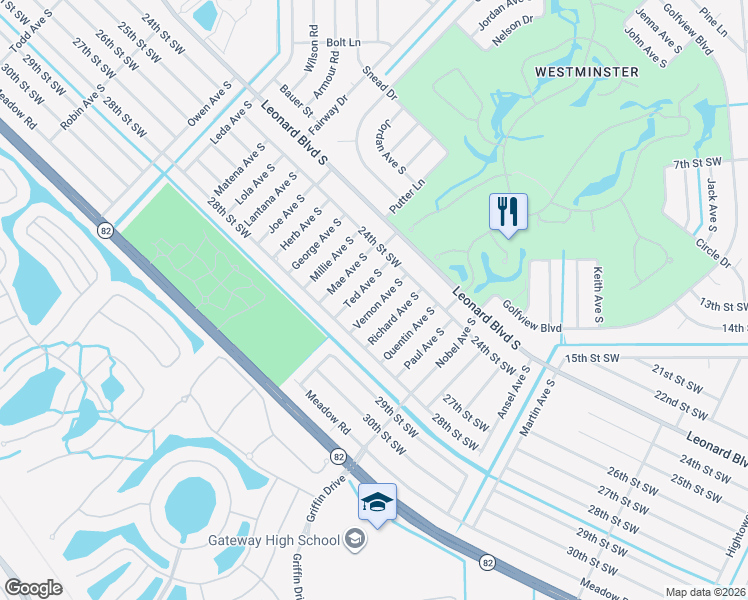 map of restaurants, bars, coffee shops, grocery stores, and more near 2408 Vernon Avenue South in Lehigh Acres