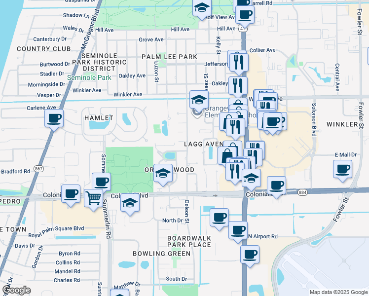 map of restaurants, bars, coffee shops, grocery stores, and more near 1661 Carter Place in Fort Myers