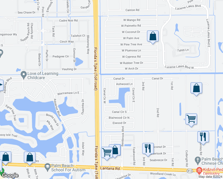 map of restaurants, bars, coffee shops, grocery stores, and more near 5258 Edgewood Drive in Lake Worth
