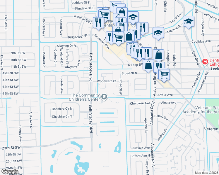 map of restaurants, bars, coffee shops, grocery stores, and more near 1301 Woodward Court in Lehigh Acres