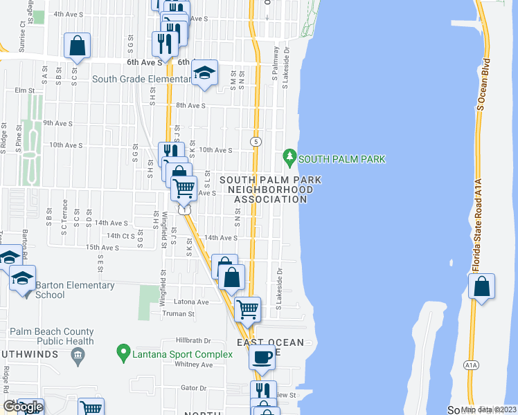 map of restaurants, bars, coffee shops, grocery stores, and more near in Lake Worth Beach