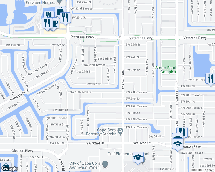 map of restaurants, bars, coffee shops, grocery stores, and more near 2120 Southwest 28th Street in Cape Coral