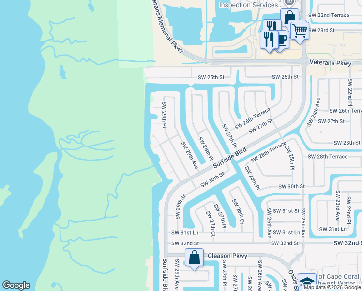 map of restaurants, bars, coffee shops, grocery stores, and more near 2801 Southwest 29th Place in Cape Coral