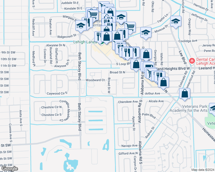 map of restaurants, bars, coffee shops, grocery stores, and more near 1291 Broad Street West in Lehigh Acres