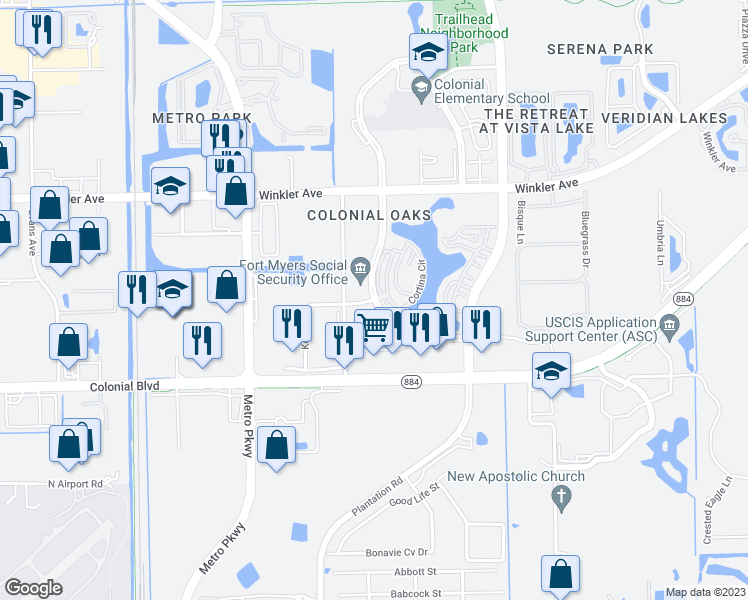 map of restaurants, bars, coffee shops, grocery stores, and more near 4301 Executive Circle in Fort Myers