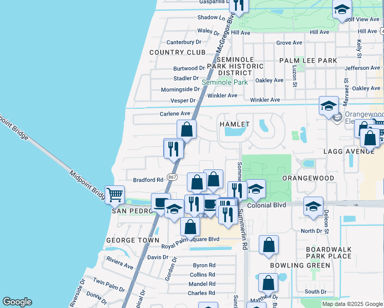 map of restaurants, bars, coffee shops, grocery stores, and more near 1425 San Roberto Circle in Fort Myers