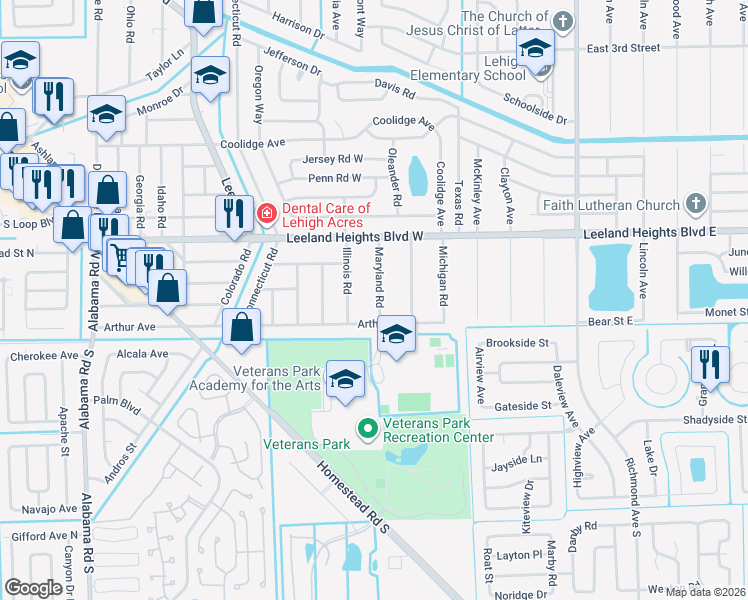 map of restaurants, bars, coffee shops, grocery stores, and more near 18 Maryland Road in Lehigh Acres