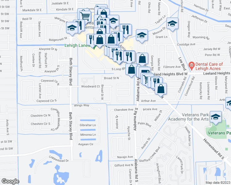 map of restaurants, bars, coffee shops, grocery stores, and more near 23 Vineyard Street in Lehigh Acres