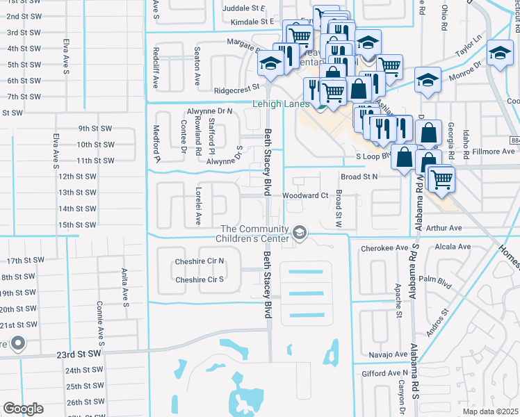 map of restaurants, bars, coffee shops, grocery stores, and more near C Eustis Avenue in Lehigh Acres