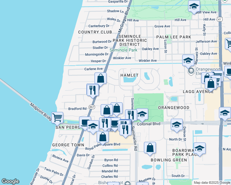 map of restaurants, bars, coffee shops, grocery stores, and more near 1450 Park Shore Circle in Fort Myers
