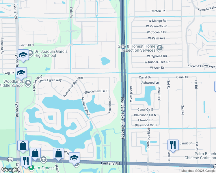 map of restaurants, bars, coffee shops, grocery stores, and more near 5084 Candlewood Court in Lake Worth