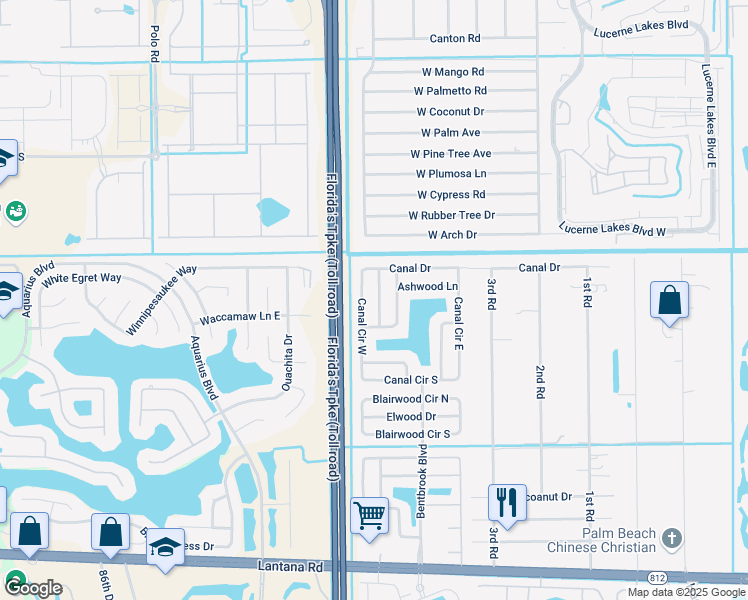 map of restaurants, bars, coffee shops, grocery stores, and more near 5247 Edgewood Drive in Lake Worth
