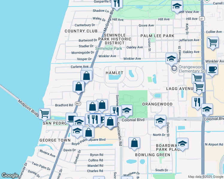 map of restaurants, bars, coffee shops, grocery stores, and more near 1468 Park Shore Circle in Fort Myers