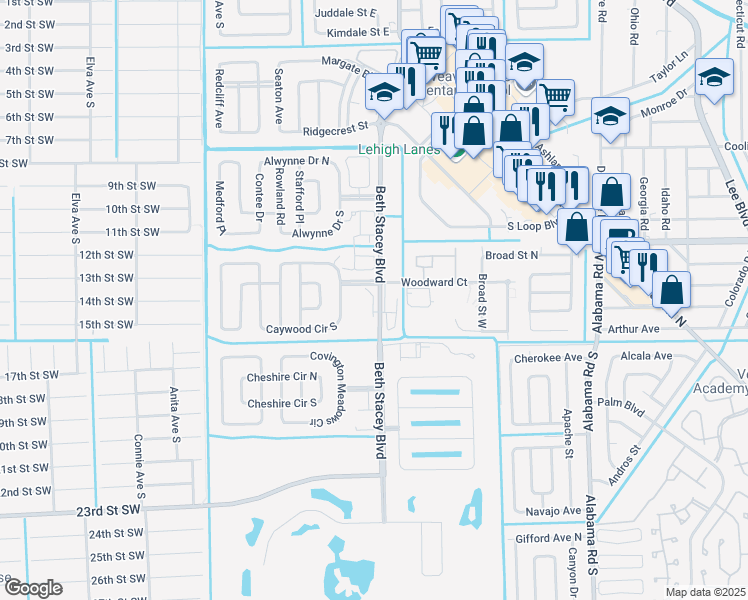 map of restaurants, bars, coffee shops, grocery stores, and more near Cosmopolitan Drive in Lehigh Acres