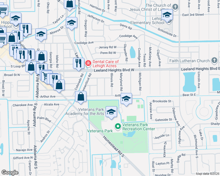 map of restaurants, bars, coffee shops, grocery stores, and more near 18 Illinois Road in Lehigh Acres