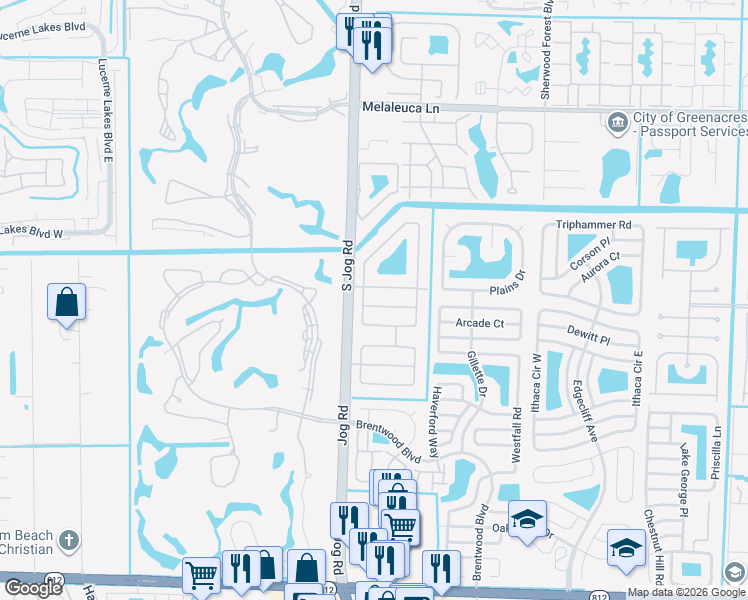 map of restaurants, bars, coffee shops, grocery stores, and more near 5305 Woodstone Circle South in Lake Worth