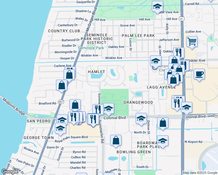 map of restaurants, bars, coffee shops, grocery stores, and more near 1531 McGregor Reserve Drive in Fort Myers