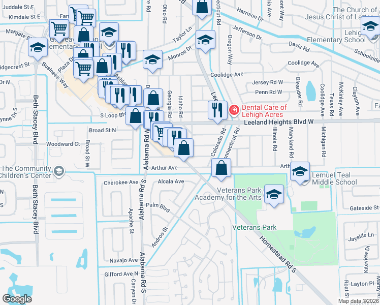 map of restaurants, bars, coffee shops, grocery stores, and more near 13 Arkansas Road in Lehigh Acres