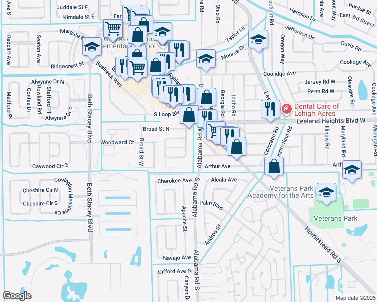map of restaurants, bars, coffee shops, grocery stores, and more near 24 Westminster Street North in Lehigh Acres