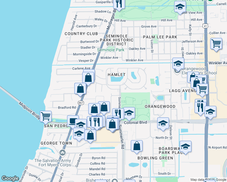 map of restaurants, bars, coffee shops, grocery stores, and more near 1468 Park Shore Circle in Fort Myers