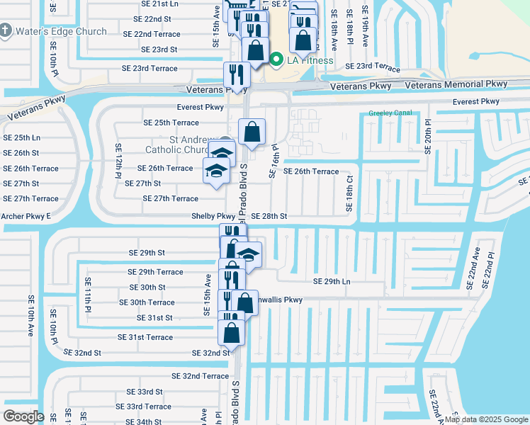 map of restaurants, bars, coffee shops, grocery stores, and more near 2721 Del Prado Boulevard South in Cape Coral