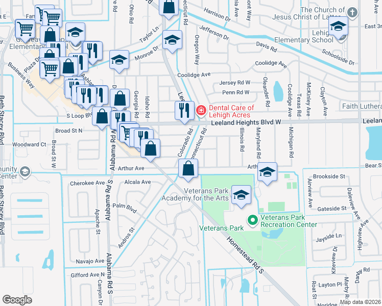 map of restaurants, bars, coffee shops, grocery stores, and more near 13 Connecticut Road in Lehigh Acres