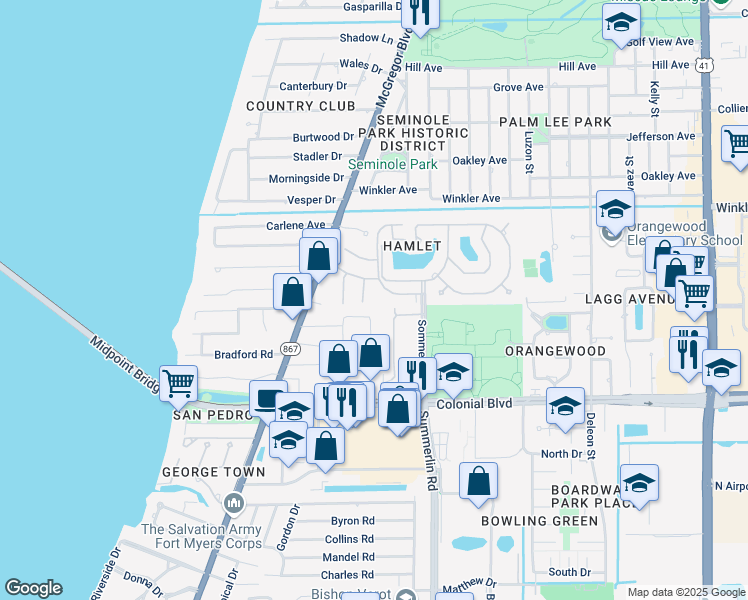 map of restaurants, bars, coffee shops, grocery stores, and more near 1462 Park Shore Circle in Fort Myers