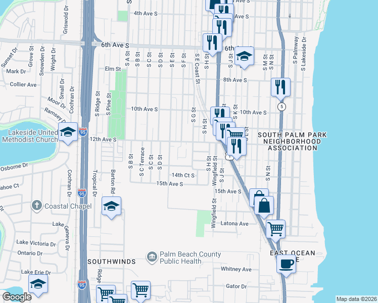 map of restaurants, bars, coffee shops, grocery stores, and more near 1006 12th Court South in Lake Worth