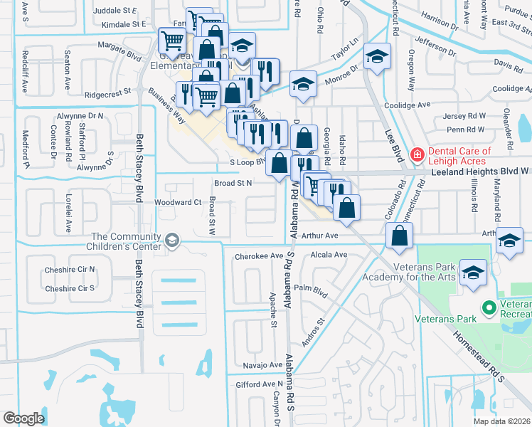 map of restaurants, bars, coffee shops, grocery stores, and more near 1117 Wesley Street in Lehigh Acres