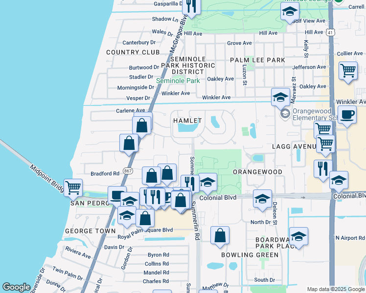 map of restaurants, bars, coffee shops, grocery stores, and more near 1468 Park Shore Circle in Fort Myers