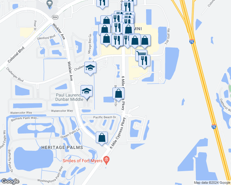 map of restaurants, bars, coffee shops, grocery stores, and more near 8546 Bernwood Place Drive in Fort Myers