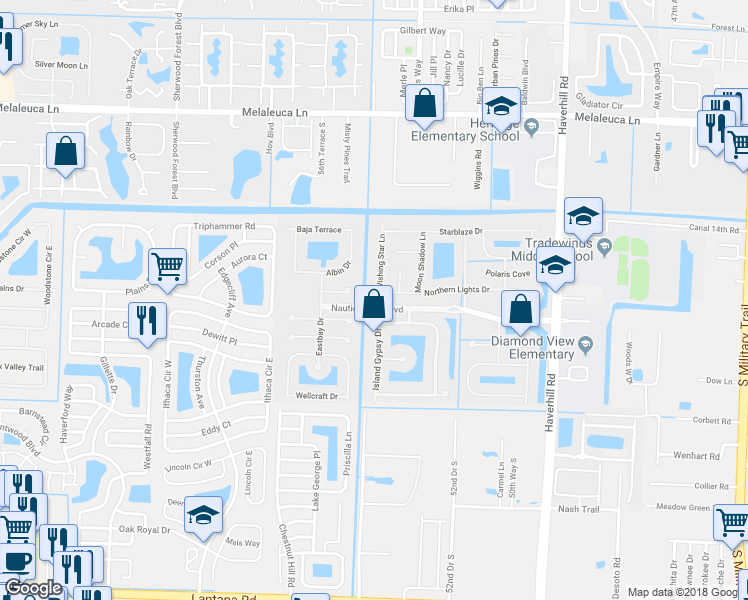 map of restaurants, bars, coffee shops, grocery stores, and more near 5501 Wishing Star Lane in Lake Worth