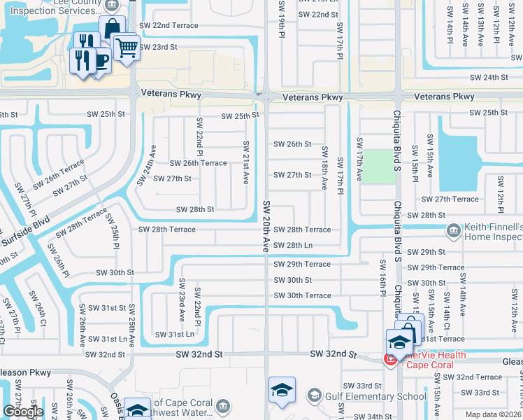 map of restaurants, bars, coffee shops, grocery stores, and more near 2728 Southwest 20th Avenue in Cape Coral