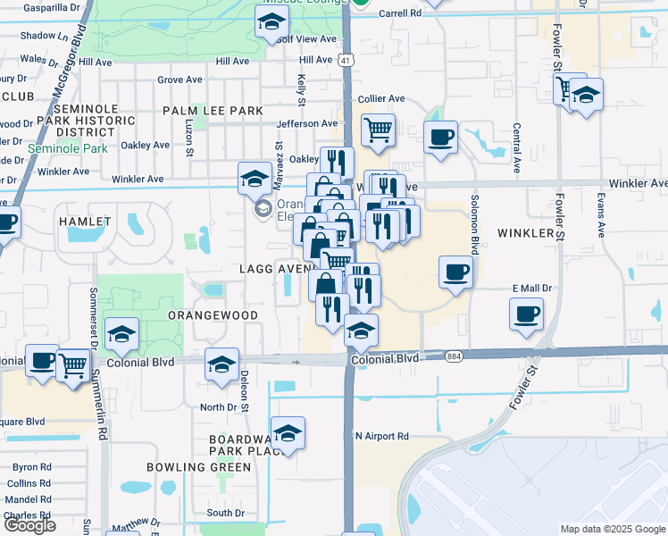 map of restaurants, bars, coffee shops, grocery stores, and more near 4224 Cleveland Avenue in Fort Myers