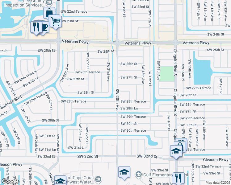 map of restaurants, bars, coffee shops, grocery stores, and more near 2728 Southwest 20th Avenue in Cape Coral